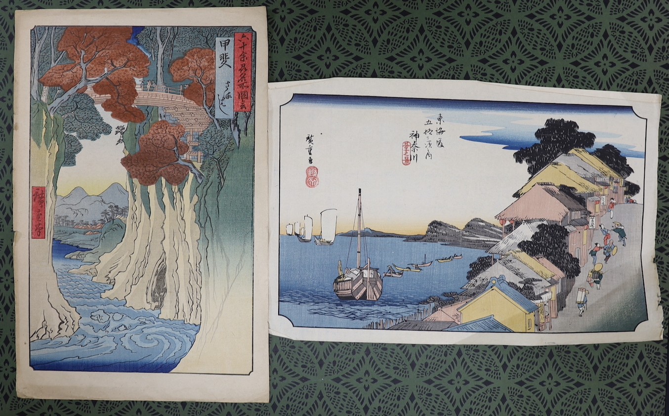Hiroshige, woodblock print, ‘The Monkey Bridge (Kai, Saruhashi)’ , 38 x 25cm and ‘Fifty-three Stations of the Tokaido (Hoeido)’, - 25.5 x 38cm., both unframed